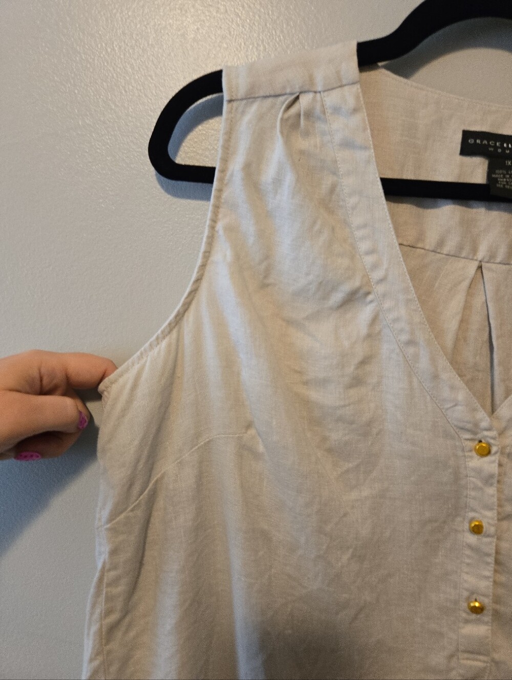 Grace Elements Womens Tan Linen V- Neck Button Up Sleeveless Blouse Top Sz. 1X - Picture 2 of 6